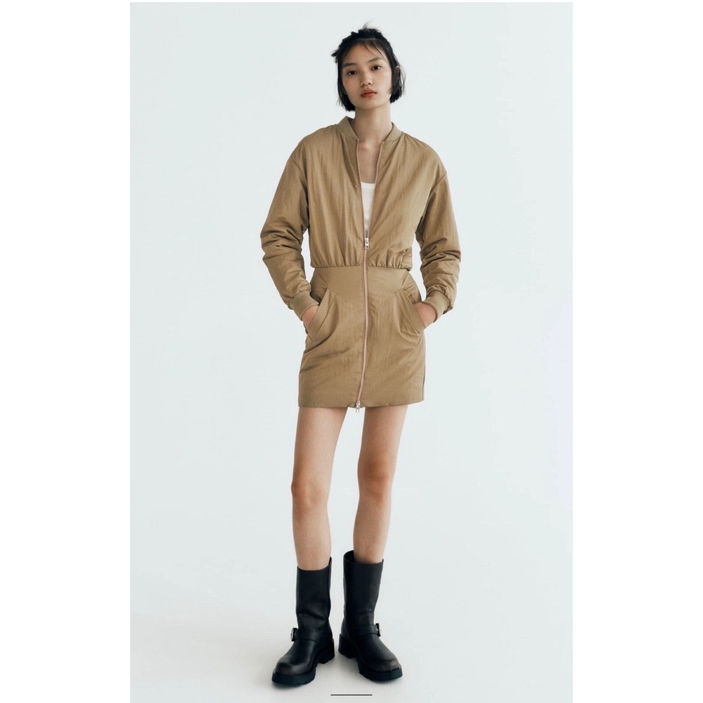 Zara Bomber Mini Dress Zip-Up Utility Camel Tan Women Size Large NWT